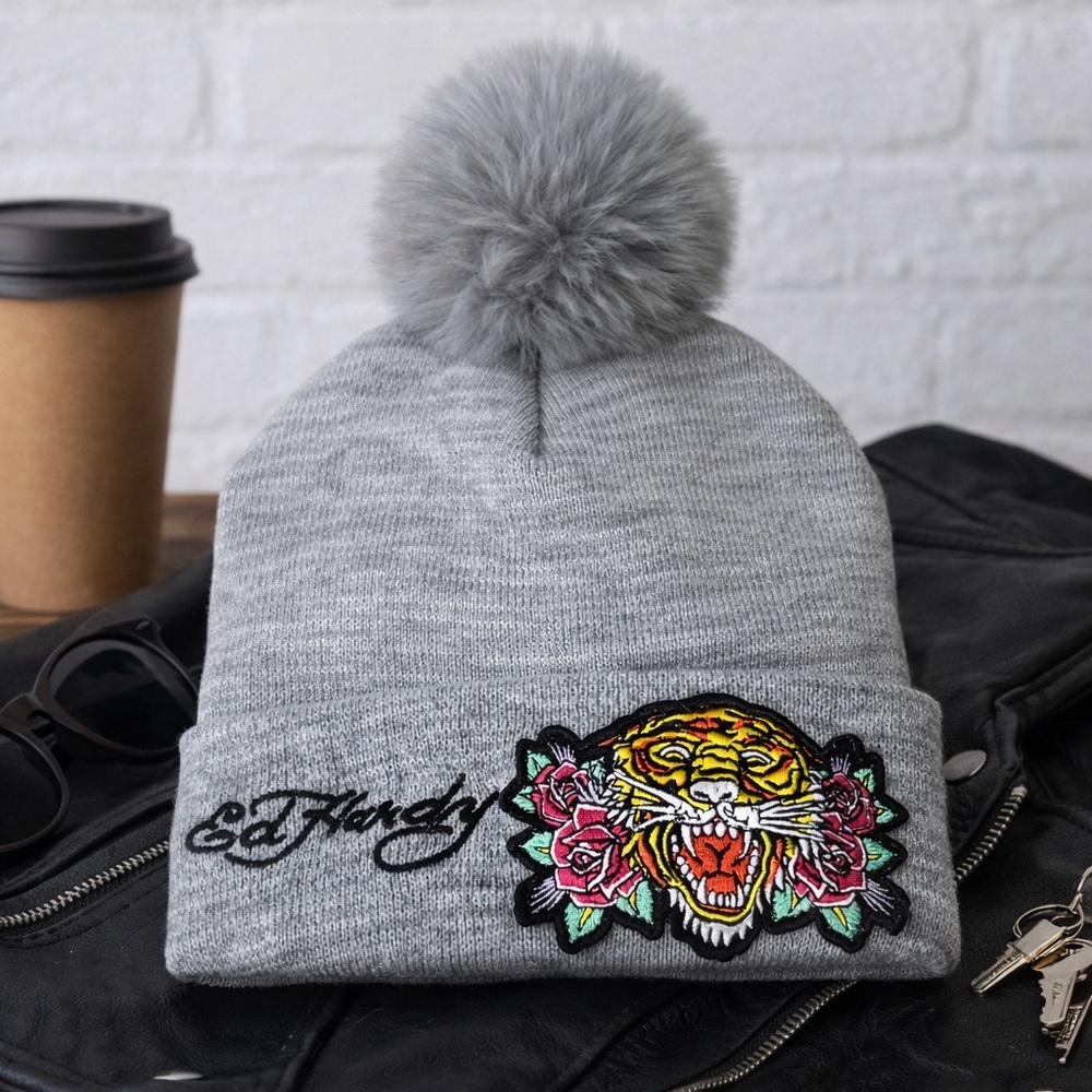 Ed Hardy Gray Knit Beanie Faux Fur Pom Tiger Rose Embroidered Patch